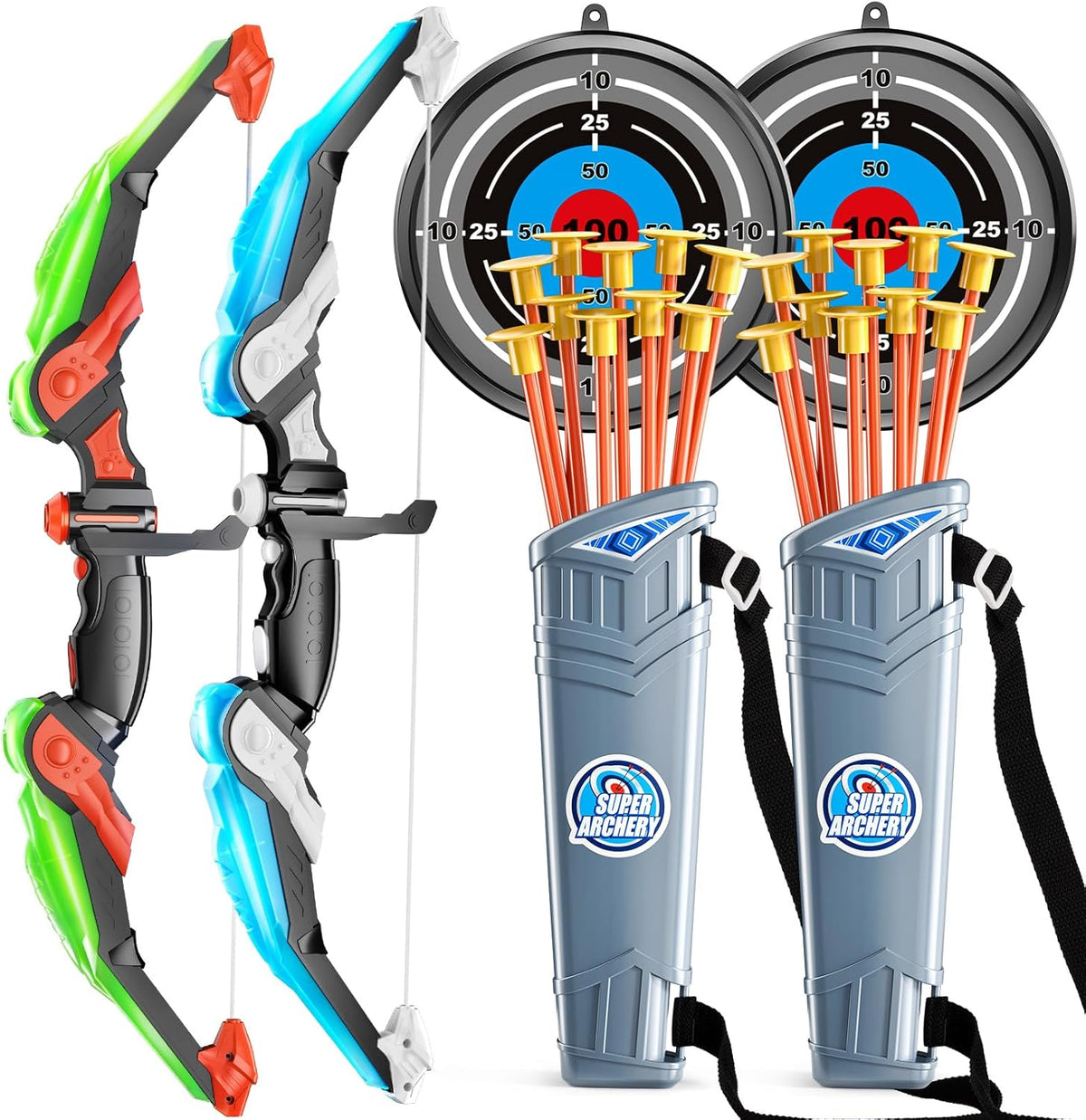 TEMI Bow and Arrow Set for Kids - Archery Toy Set - LED Light Up with Suction Cup Arrows, Target & Quiver, Indoor and Outdoor Toys for Children Boys Girls