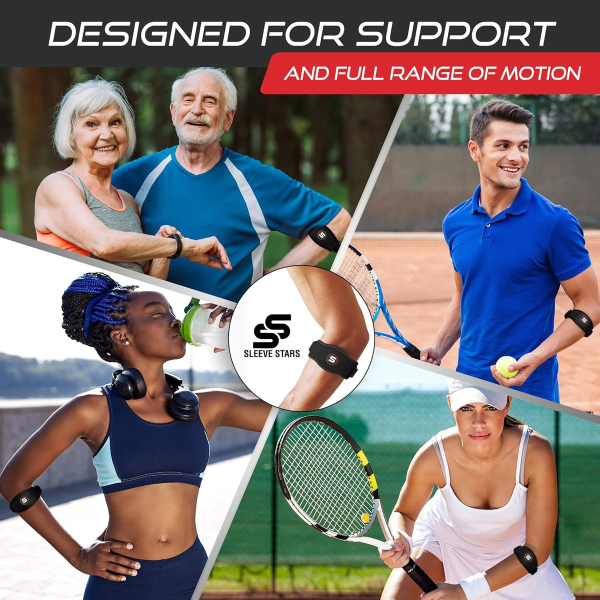Sleeve Stars Tennis Elbow Brace for Women - Adjustable Tennis Elbow Strap, Golfers Elbow Brace for Men, Counterforce Brace for Tennis Elbow for Tendonitis Relief, Fits 9"-23" (Single/Black)