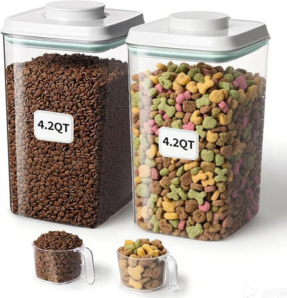 3-5 Lbs Dog-Cat Pop Treat - Airtight Jar - Pet Food Storage Container for Kibble & Treats, 2pcs 4L/4.2qt with 130ml/0.14qt Half Scoop Stackable Pop Lid Plastic Container with Lid