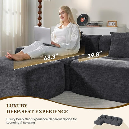 122" L Shaped Convertible Modular Couch, Cloud Couch Sectional with Ottoman, 4-Seater Chenille Boneless Couches for Living Room, Apartment, No Assembly, Grey Black 1PCS
