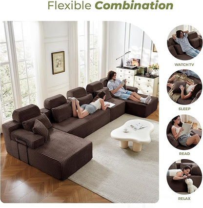 171" U-Shaped Cloud Modular Sectional Sofa with Chaise & Headrest, Boneless Deep Seat Plush Corduroy Couches for Large Living Room, No Assembly Required (Brown, 171" U-shapred Chaise)