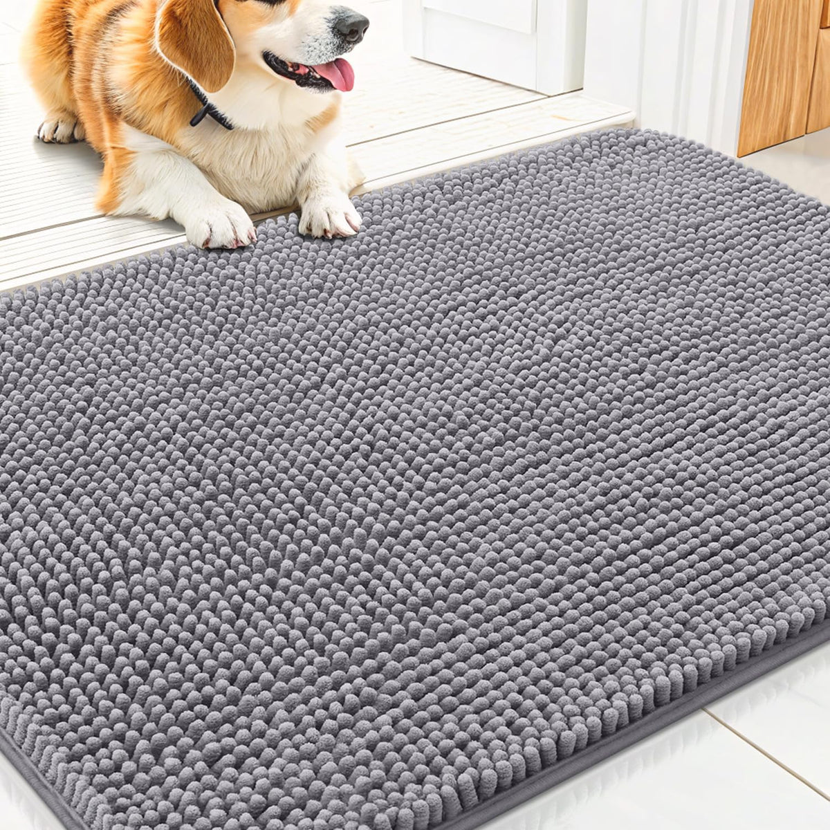 Smiry Dog Door Mat for Muddy Paws 30x17, Absorbs Moisture and Dirt Doormat, Non-Slip Washable Quick Dry Chenille Front Door Mat Indoor Entrance, Entryway Carpet for Inside Floor, Grey