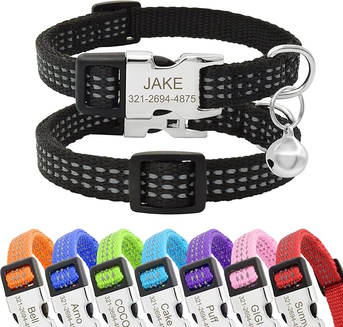 Personalized Reflective Nylon Cat Collar with Name Phone,Custom Engraved Buckle Cat Collar with Bell,Adjustable for Small Dogs Puppy Kitten (Black,fit 7.5''-12.0'')