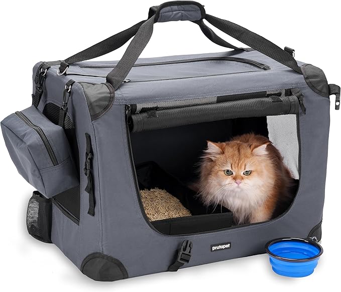 Large Cat Carrier 24"x16.5"x16.5" Soft-Sided Portable Pet Crate for Car Traveling with Collapsible Litter Box and Bowl