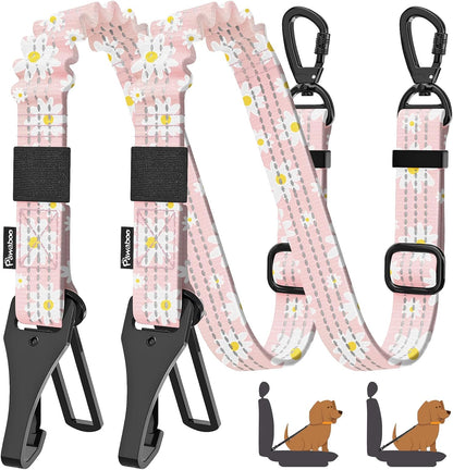 Pawaboo 2Pack Dog Seatbelt for Car, 3-in-1 Dog Car Seat Belt Bungee, Dogs Tether for Cars with Buckle & Hook Latch, Adjustable Reflective Dogs Cars Harness Leash with 360° Lockable Buckle, Light Pink