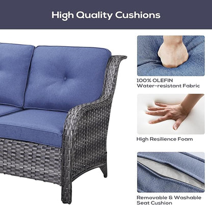 Belord Outdoor Patio Furniture Set with Propane Fire Pit Table, 7 Pieces Wicker Patio Conversation Set with 2 Swivel Glider Rocker Chairs Rattan Sofa Blue Cushion Perfect for Casual Gathering Gray
