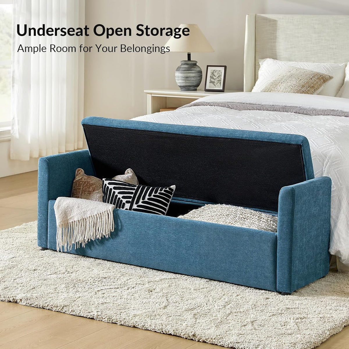 HULALA HOME Modern Storage Bench with Throw Pillows, 59.4" Extra Long Bedroom Ottoman Bench for End of Bed, Comfy Upholstered Footstool for Entryway Dining Room Living Room, Teal