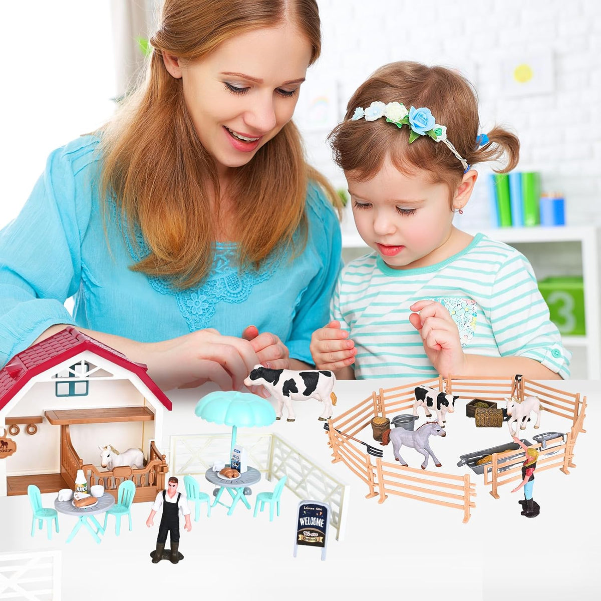Horse Club Riding Arena 71-Piece, Horse Stable Toys Playset, Farmmer Figures,Farm Animal Figurine, Coffee Shop, Barn with Fence Toys for 3-7 Years Old Kids Boys Girls Toddlers