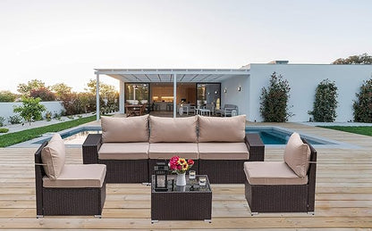 Kullavik Outdoor Patio Furniture Set 6 Pieces Sectional Rattan Sofa Set Brown PE Rattan Wicker Patio Conversation Set with 5 Seat Cushions and 1 Tempered Glass Table,Sand