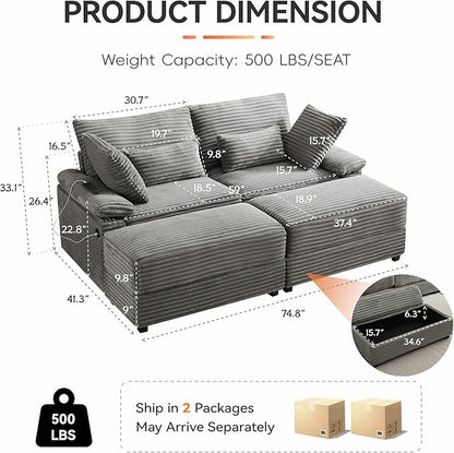75" Corduroy Loveseat with Storage Ottoman, Cloud Deep Seat Couch with Convertible Ottoman Coffee Table & USB, Double Chaise Lounge for Living Room, Grey