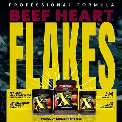 Xtreme Beef Heart Flakes - High Protein, Nutrient-Dense for Tropical & Freshwater Fish, Supports Growth, Color Enhancement, Easy Digestion - Ideal for Discus and Cichlids (3.5oz)