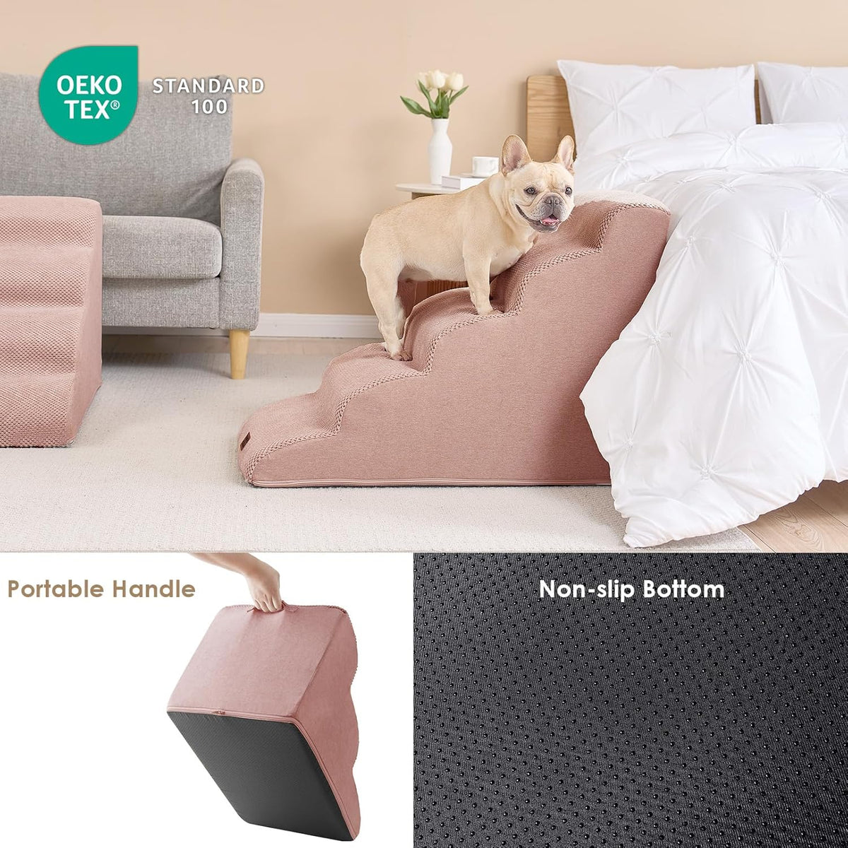 EHEYCIGA Curved Dog Stairs Ramp for High Beds 22.6" H, 5-Step Dog Steps for Small Dogs and Cats, Pet Stairs for High Bed Climbing, Non-Slip Balanced Pet Step Indoor, Dusty Pink