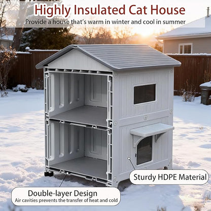 Rockever Plastic Insulated Outdoor Cat House with Escape Door, 2 Story Waterproof Cat House for Outdoor Cats for Feral Cats, Elevated Outside Cat Shelter, Clean and Assemble Easily