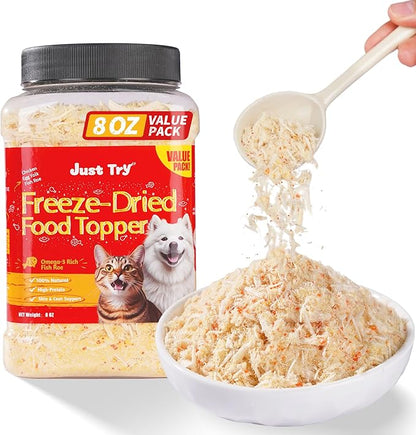 Just Try 8 OZ Fish Roe Freeze Dried Cat & Dog Food Toppers Mixers Grain Free Cat Treats for Indoor Cats Low Calorie Real Chicken Egg Yolk Omega 3 Supports Skin & Coat Health