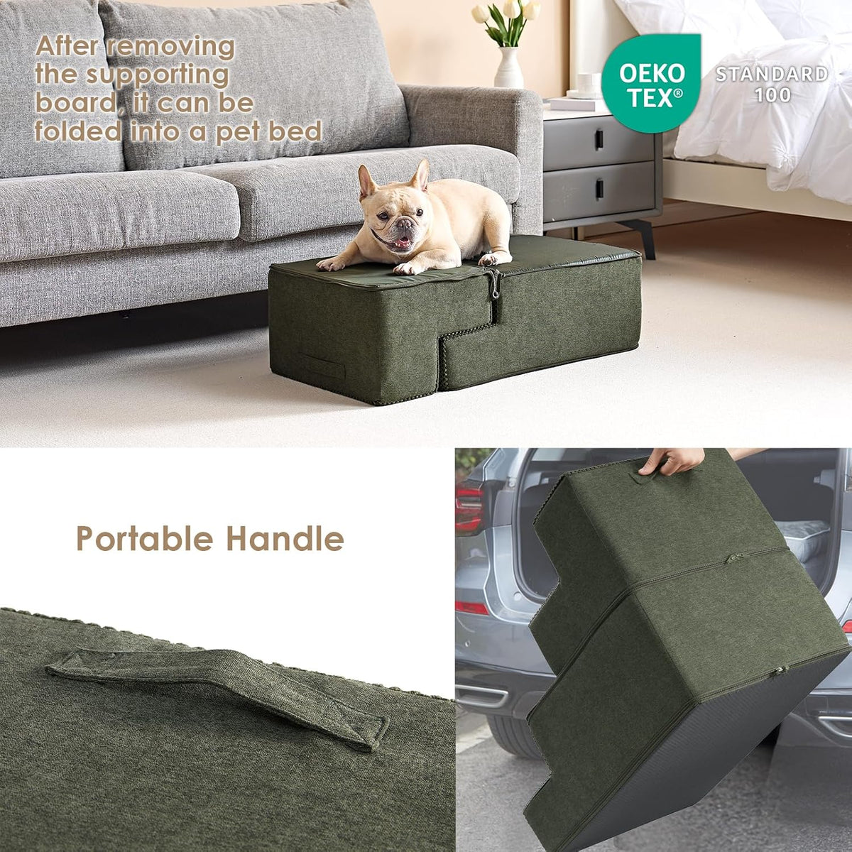 EHEYCIGA Dog Stairs for Bed 18" H, 4-Step Dog Steps for High Bed, Pet Steps for Small Dogs and Cats, Non-Slip Balanced Pet Ramp Indoor, Olive Green