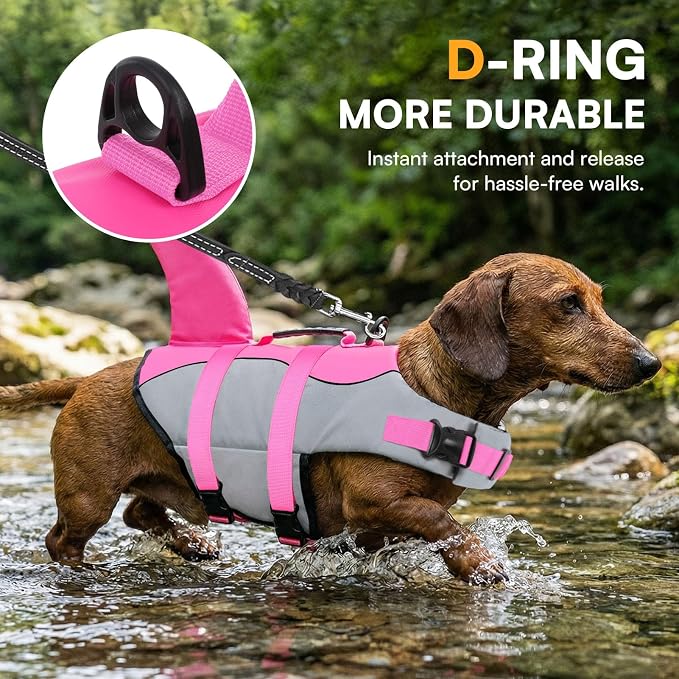 Dog Life Jacket Ripstop Shark Dog Safety Vest Adjustable Preserver with High Buoyancy and Durable Rescue Handle for Small,Medium,Large Dogs, Pink Shark Medium