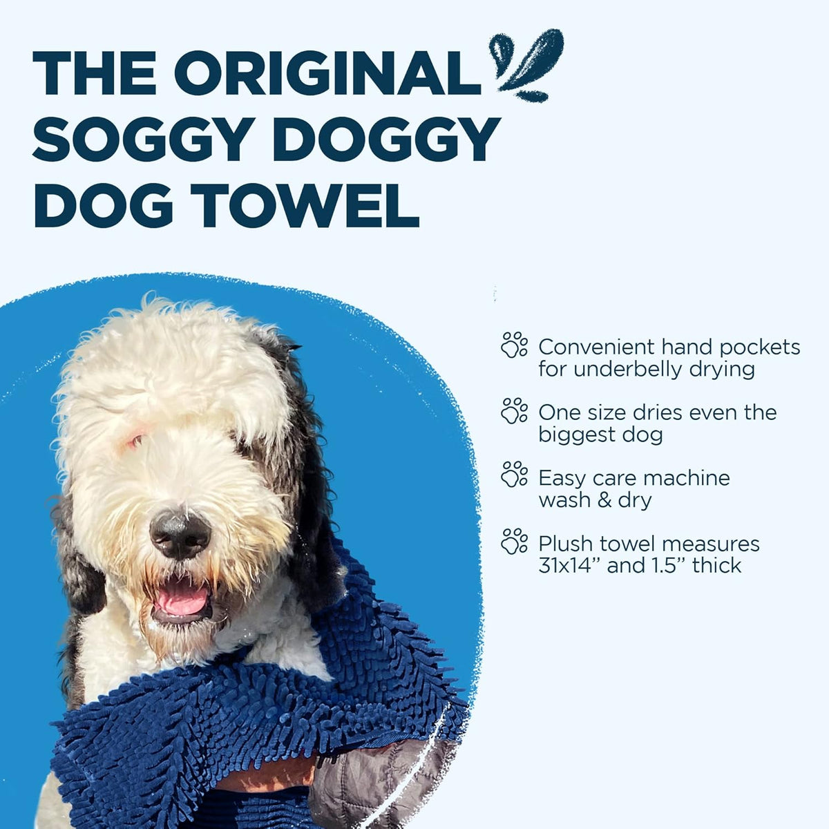 Soggy Doggy Super Shammy Dog Towel - Microfiber Chenille Towel for Drying Dogs and Cleaning Paws - Fast Drying with Hand Pockets for Ease (Navy Blue, 31” x 14”)