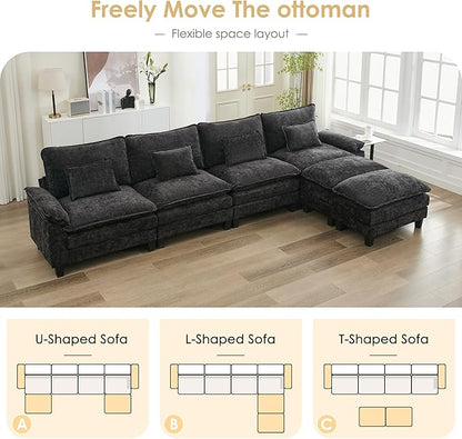 URRED Cloud Couch Modular Sectional Sofa, 157" Modern U Shaped Deep Seat Sofa with 2 Ottomans & Pillows, Ultra Comfy Chenille Couches for Living Room, Bedroom or Apartment, Black