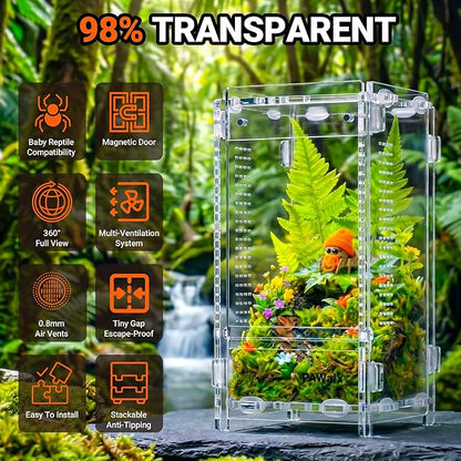 Jumping Spider Enclosure, Acrylic Terrarium with with Magnetic Doors, 0.8mm Micro-Ventilation, Stackable Escape-Proof Habitat for Jumping Spiders, Tarantulas & Small Reptiles, 3”x3”x6”