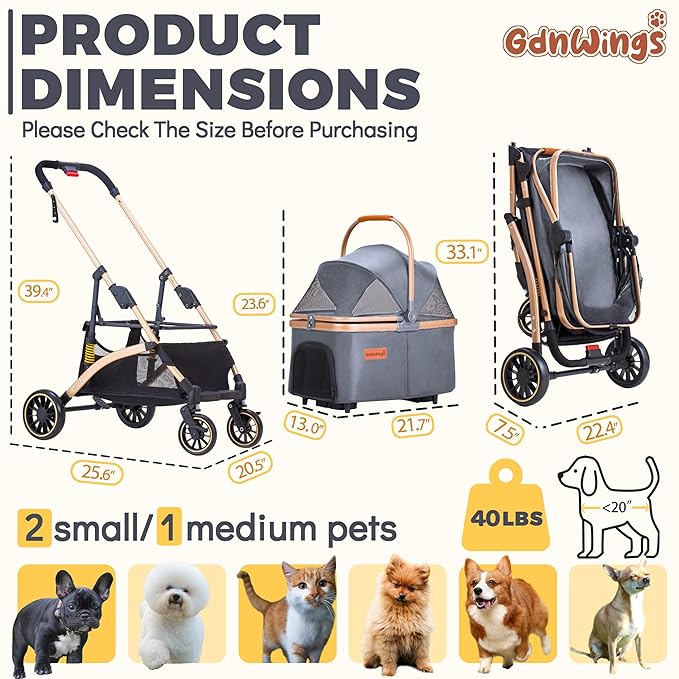 Pet Stroller for Small Medium Dogs, Lightweight Small Dog Stroller for Dogs Cats with 6 Shock Absorption System, Detachable Carrier Suitable for Car Seat & Hand Carry, Safe Outings, Gray
