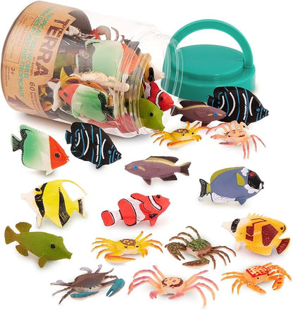 Terra by Battat – 60pcs Tropical Fish & Crab Toys – Mini Plastic Ocean Animal Figurines for Kids – Realistic Sea Creatures in Tube – Sensory Educational Playset for Toddlers Ages 3+