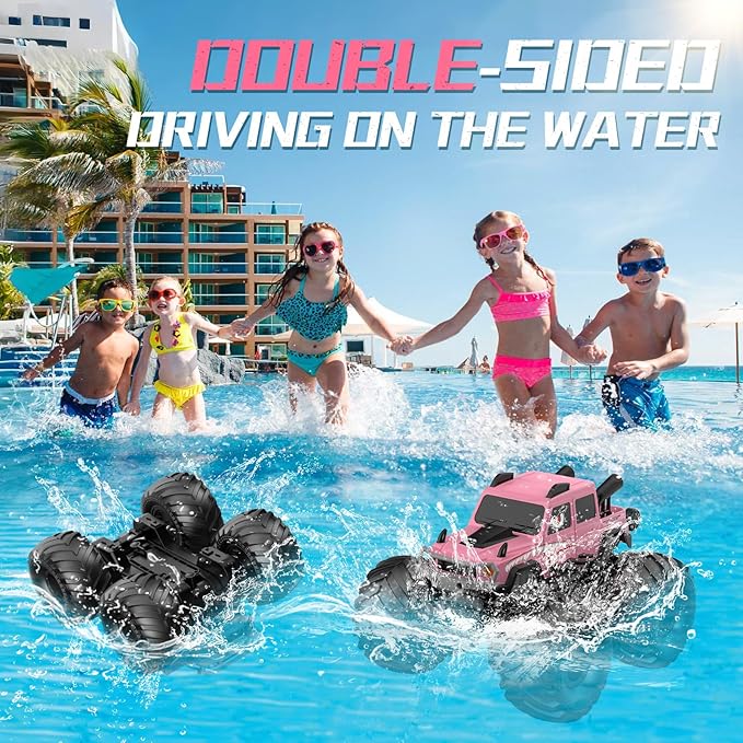 NQD® Monster Truck Toys, Waterproof 360°Rotate 4x4 RC Truck, Amphibious Remote Control Monster Trucks, 2.4GHz All Terrain Off-Road Pickup Toy RC Car for Gifts for Boys Kids Age 6 7 8 9 10 11 12+,Pink