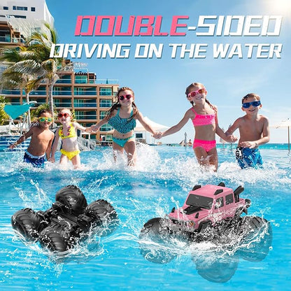 NQD® Monster Truck Toys, Waterproof 360°Rotate 4x4 RC Truck, Amphibious Remote Control Monster Trucks, 2.4GHz All Terrain Off-Road Pickup Toy RC Car for Gifts for Boys Kids Age 6 7 8 9 10 11 12+,Pink