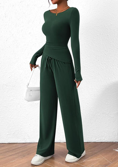 PRETTYGARDEN Women's 2 Piece Lounge Sets Asymmetrical Long Sleeve T Shirt Wide Leg Pants Casual Outfits Tracksuit