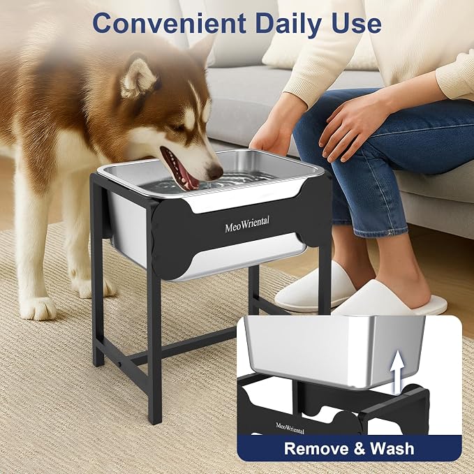 2.5 Gallon Elevated Dog Water Bowl for Large Breeds, 14.2" Tall Raised Stainless Steel Large Dog Water Bowl with Full Metal Stand for Relief Joint Pressure, Tip-Proof, Easy to Clean, Indoor & Outdoor