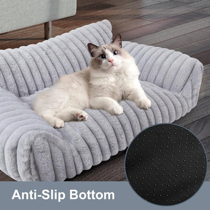 Cute Cat Couch Bed for Indoor Cats, Fluffy Pet Cat Sofa with Premium Soft Corduroy Fleece, Cute Small Dog Beds for Small Dogs, Fuzzy Puppy Chair with Removable Washable Cover (30x20x10,Grey)