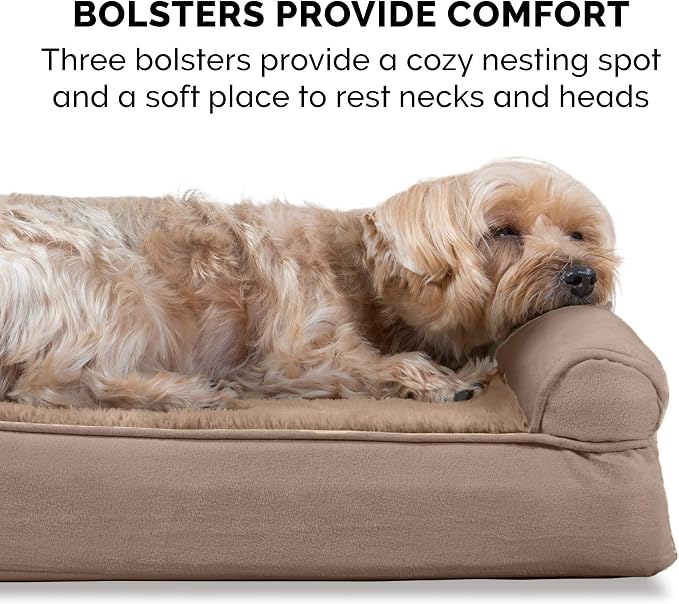 Furhaven Orthopedic Dog Bed for Large Dogs w/ Removable Bolsters & Washable Cover, For Dogs Up to 125 lbs - Plush & Suede Sofa - Almondine, Jumbo Plus/XXL