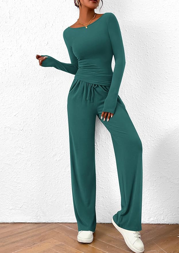 PRETTYGARDEN Women's 2 Piece Lounge Sets Asymmetrical Long Sleeve T Shirt Wide Leg Pants Casual Outfits Tracksuit
