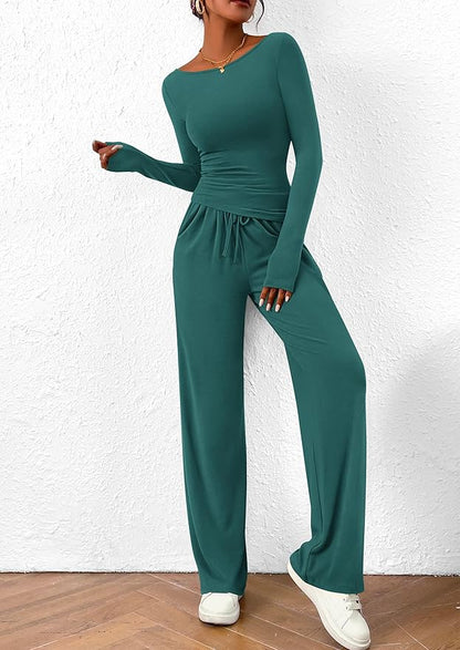 PRETTYGARDEN Women's 2 Piece Lounge Sets Asymmetrical Long Sleeve T Shirt Wide Leg Pants Casual Outfits Tracksuit