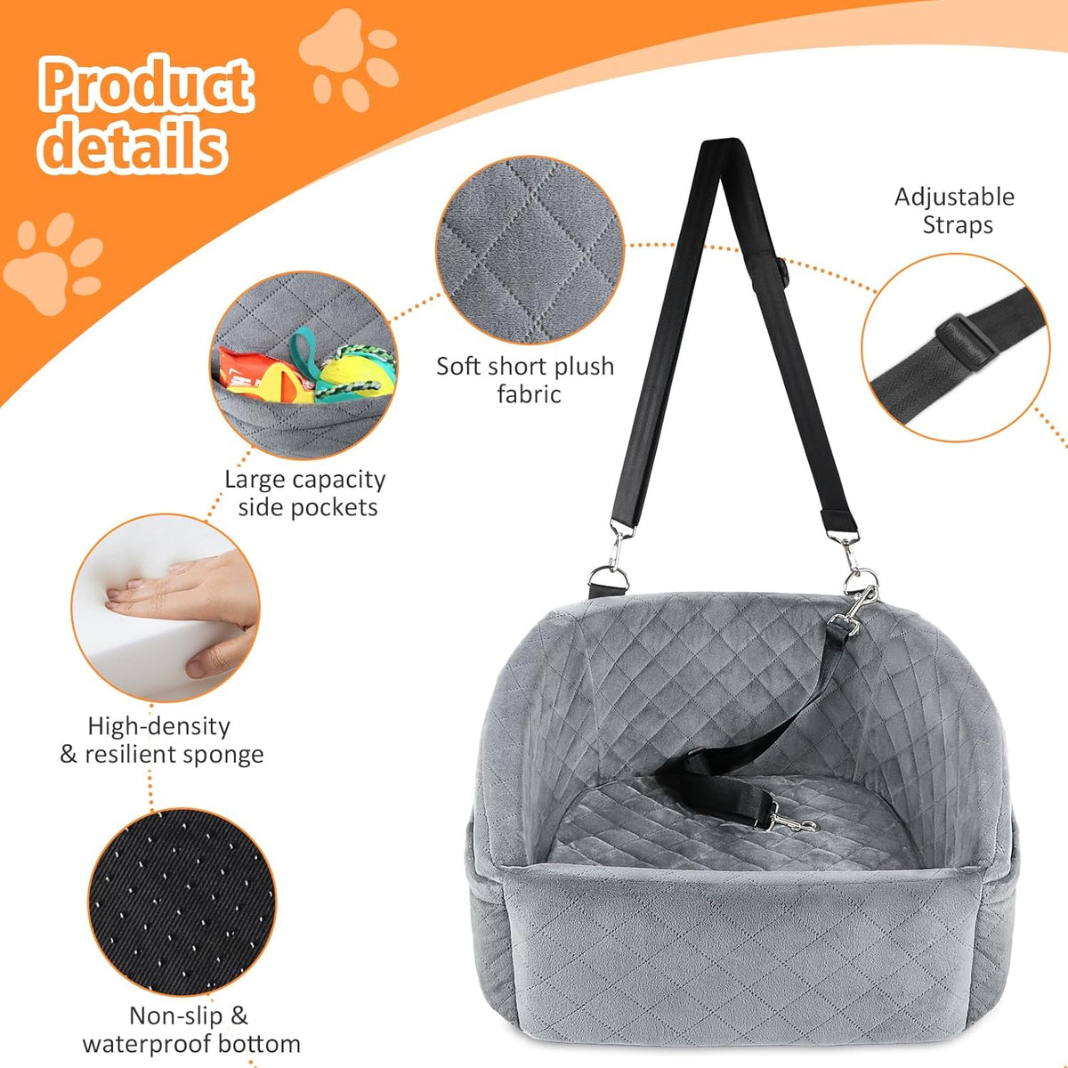 Dog Car Seat for Small Dogs,Detachable Washable Dog Booster Seat for Medium Dogs Under 30lbs, Pet Car Seat Travel Bed with Storage Pockets and Dog Safety Belt (Grey)
