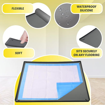 Skywin Dog Pee Pad Holder Tray Fits for 36” x 36” Pee Pads - 1 Pack - Grey | Corner Lock Holes, Raised Edges, Non-Spill, Easy to Clean Silicone Dog Potty Tray Holder, For Indoor Floor Protection