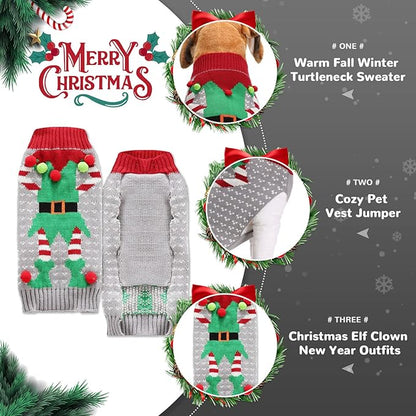 PETCARE Dog Christmas Sweater Ugly Elf Clown Cat Sweater Vest Pet Jumper Grey Green Holiday Dog Clothes Puppy Sweaters for Small Medium Large Dogs Cats Fall Winter Outfits Xmas Dogs Costume,Small