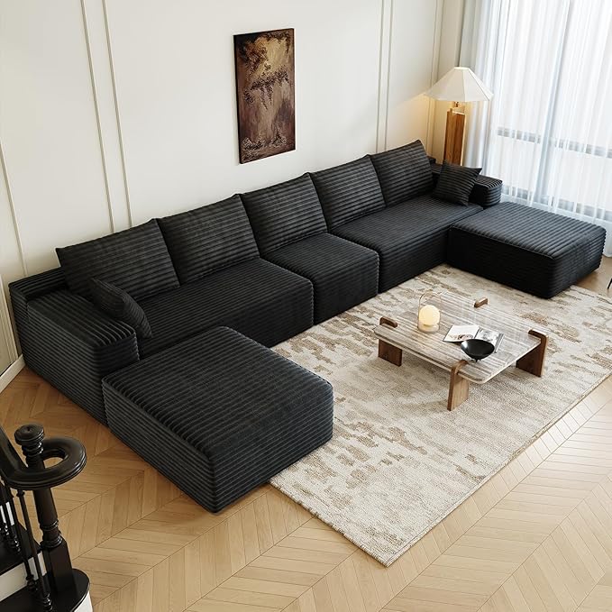 168.5" Modular Sectional Sofa, Oversized U-Shaped Minimalist Couches with 1 Middle Seat and 2 Ottomans Chaise, Modern Deep Seat Convertible Sleeper Sofa, Cloud Plush Corduroy Fabric,7 Seater, Black