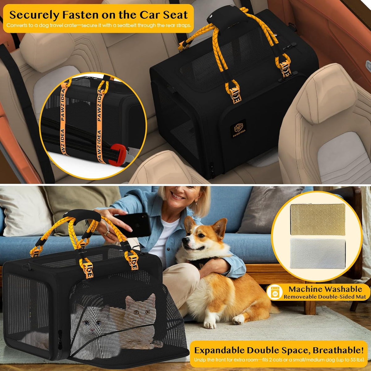 PAWZIDEA Expandable Large Pet Carrier, 24"X16"X16" Cat Carrier for 2 Cats, Collapsible Dog Travel Crate for Small Medium Dog Up 55lbs, Soft-Sided Secure Car Seat, XL Storage Pocket, ID Card, Chewproof