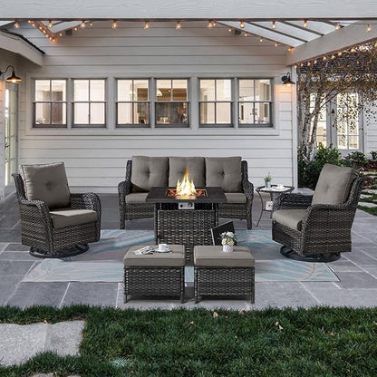 Belord Outdoor Patio Furniture Set with Propane Fire Pit Table, 7 Pieces Wicker Patio Conversation Set with 2 Swivel Glider Rocker Chair Rattan Sofa Grey Cushion Perfect for Casual Gathering