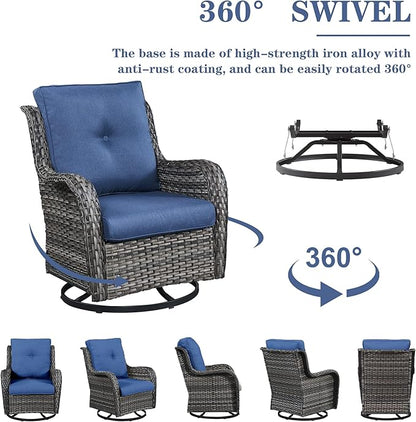Belord Outdoor Patio Furniture Set with Propane Fire Pit Table, 7 Pieces Wicker Patio Conversation Set with 2 Swivel Glider Rocker Chairs Rattan Sofa Blue Cushion Perfect for Casual Gathering Gray