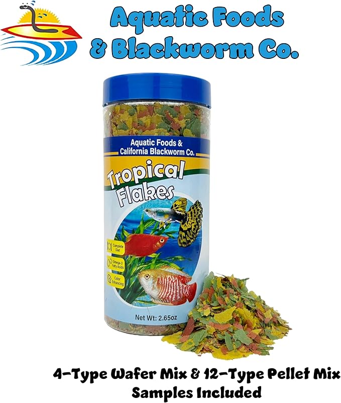 Aquatic Foods Inc. Premium Tropical Fish Flakes, for Angel Fish, Guppies, Live Bearers, Loaches, Gouramis, Cichlids, All Tropical Fish. 12-Type pellets and 4-Type Wafers Included 2.65oz Canister