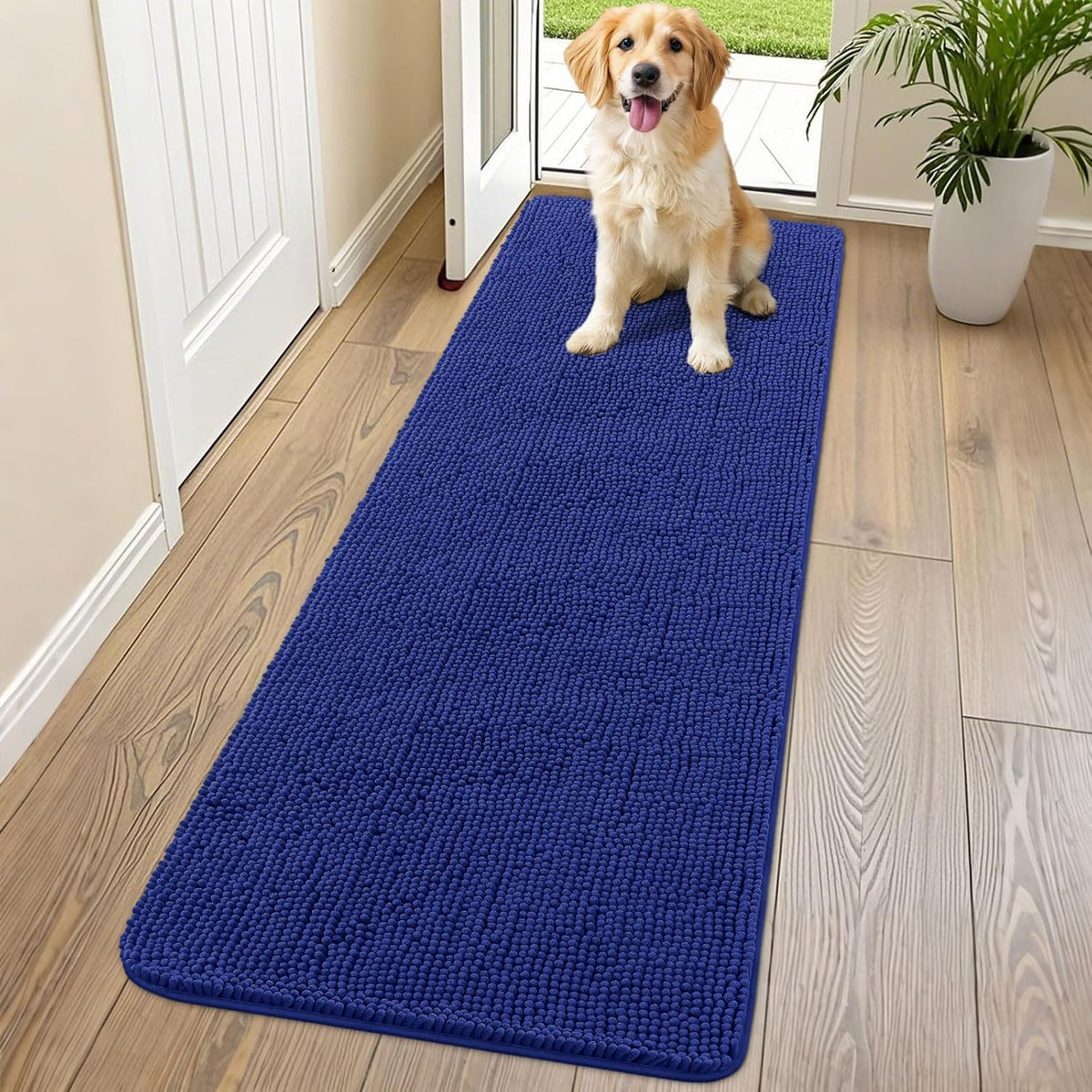 Smiry Dog Door Mat for Muddy Paws 70x24, Absorbs Moisture and Dirt Doormat, Non-Slip Washable Quick Dry Chenille Front Door Mat Indoor Entrance, Entryway Carpet for Inside Floor, Navy Blue