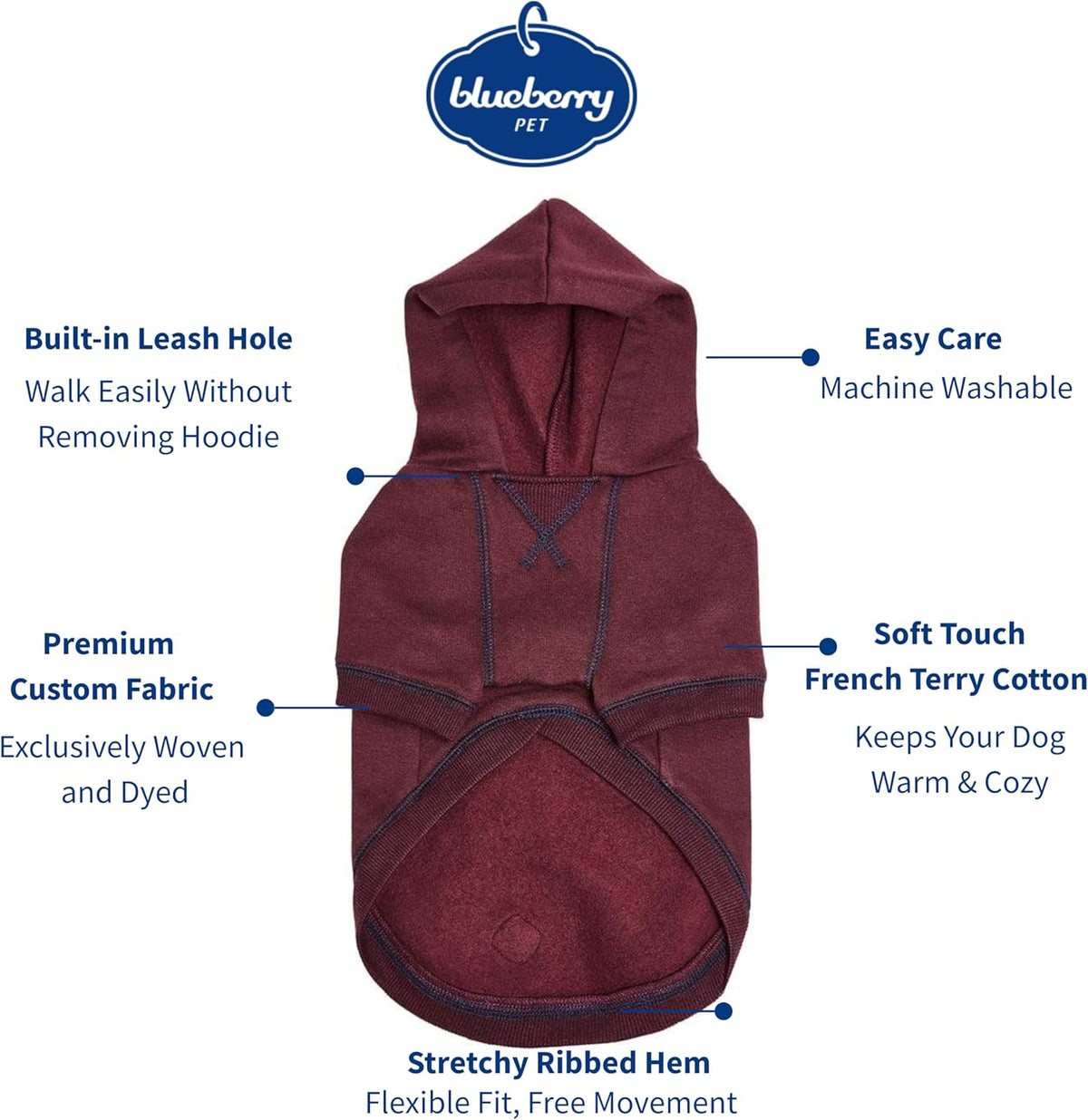 Blueberry Pet Dog Hoodie – 14″ Soft Cotton‑Blend Sweater for Small Dogs, Burgundy Red, Award‑Winning Frenchie Apparel
