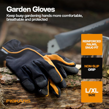 Fiskars House Plant Starter Tool Gift Set with Bypass Pruner, Trowel, Cultivator, and L/XL Garden Gloves, Accessories for Indoor Gardening (4 Piece Kit)