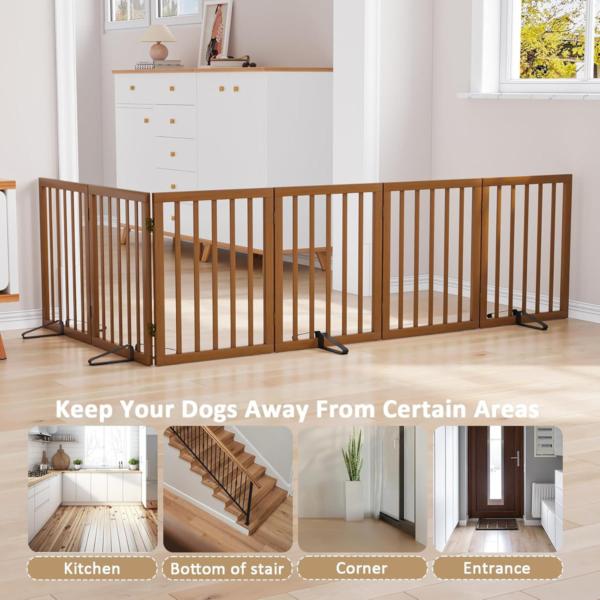 Freestanding Pet Gate Foldable Dog Gate (110 inches Wide) Walnut Bamboo Dog Gates for Stair Doorways House Puppy Fences Indoor (4 Support Feet Included)
