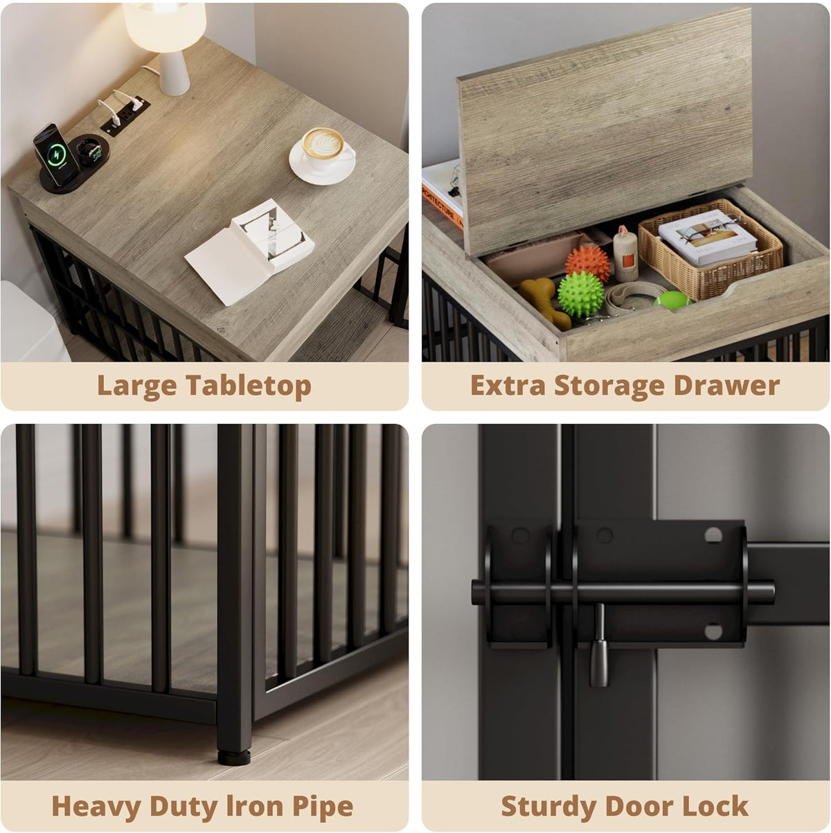 IRONCK Dog Crate Furniture for Small Dogs, Wooden Dog Kennel with Flip Top Drawer, Indoor Pet Crate End Table with Charging Station, Steel-Tube Dog Cage, Gray