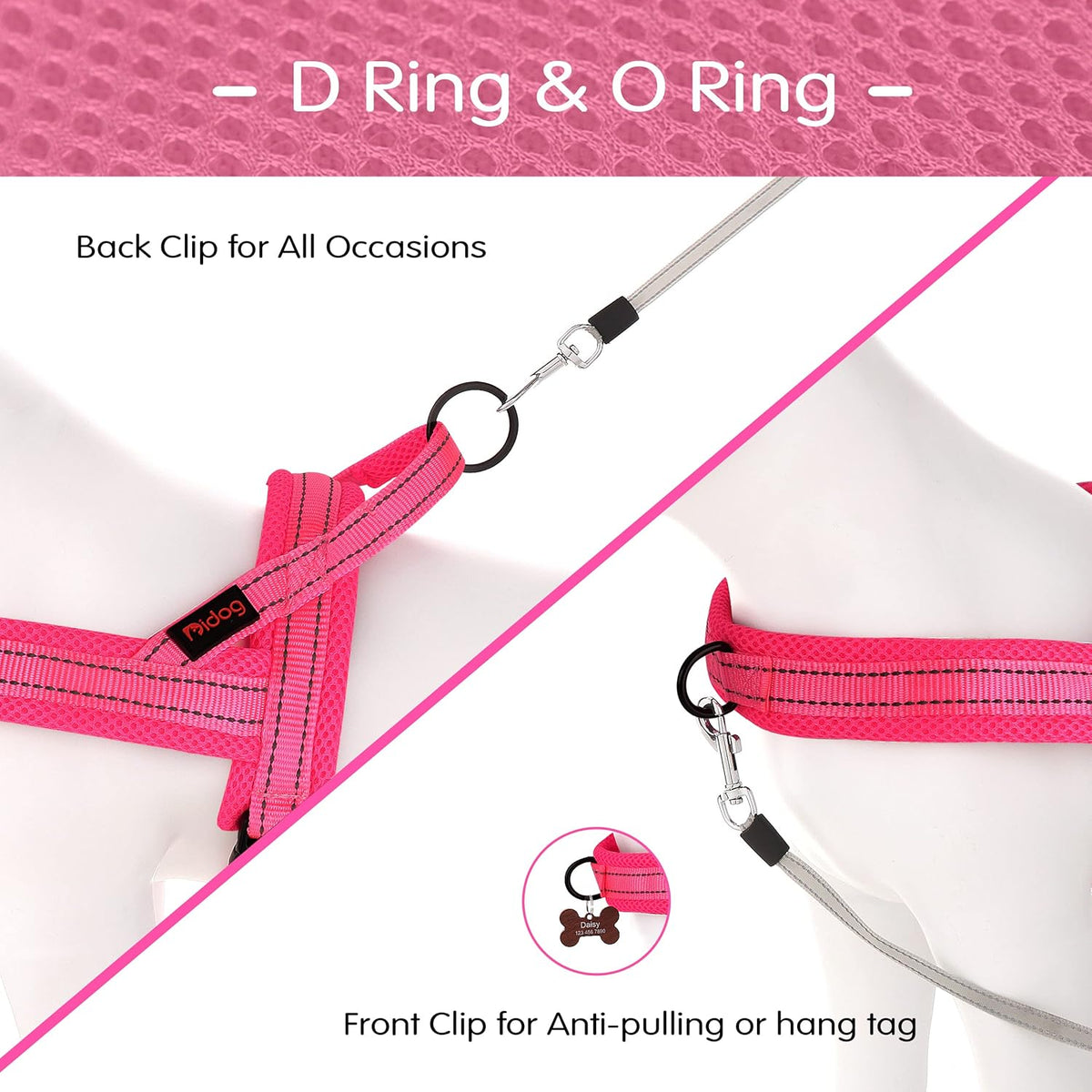 Didog No Pull Dog Harness with Soft Mesh Padded,Reflective & Quick Fit Light Weight Dog Strap Vest Harness,Easy for Walking Training (M:Chest 21-26", Pink)