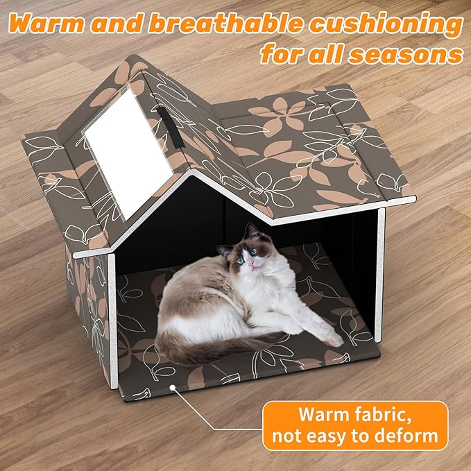 Outdoor Cat House Weatherproof, Large Feral Cat House for Winter, Collapsible Outdoor Cats Shelter in Winter with Door and Soft Mat, Easy to Assemble (Brown)