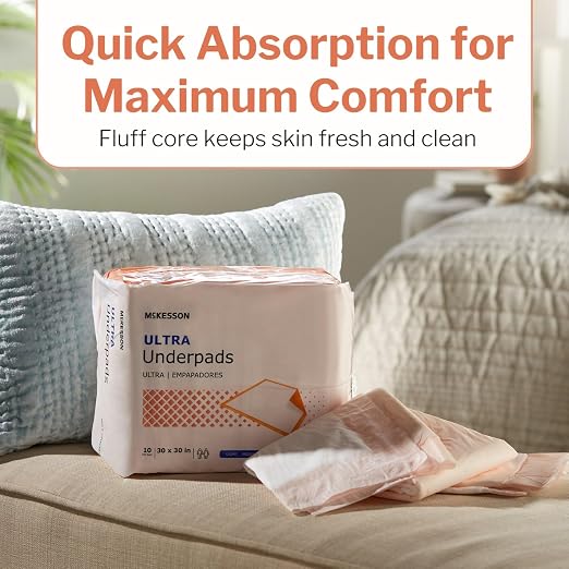 McKesson Ultra Underpads, Heavy Absorbency, Elderly, 30 x 30 in, 10 ct | Disposable Chux for Adults, and Baby, Pee Pads, Incontinence Bed Pads