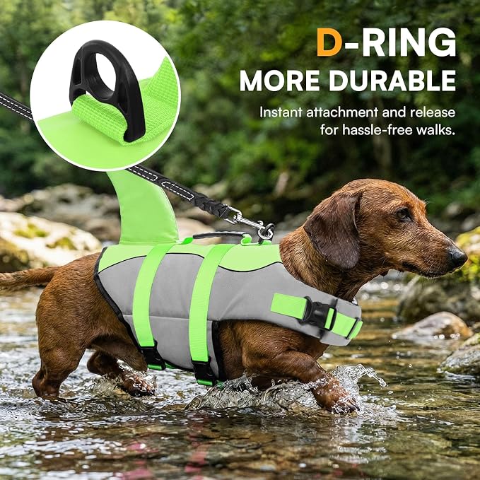 Dog Life Jacket Ripstop Shark Dog Safety Vest Adjustable Preserver with High Buoyancy and Durable Rescue Handle for Small,Medium,Large Dogs, Green Shark XX-Large